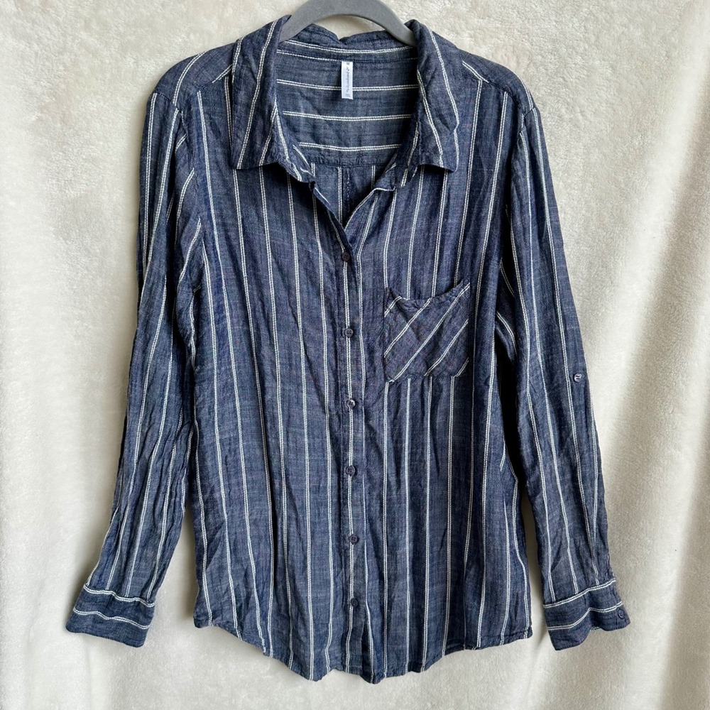 Passports Navy White Stripe‎ Viscose Button Down Long Sleeve Shirt Top M